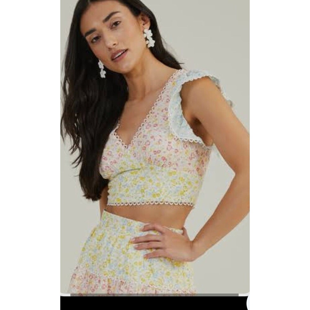 Altar'd State Tinzley Floral Boho Top Women's XL Cropped Flutter Cap Sleeves NEW
